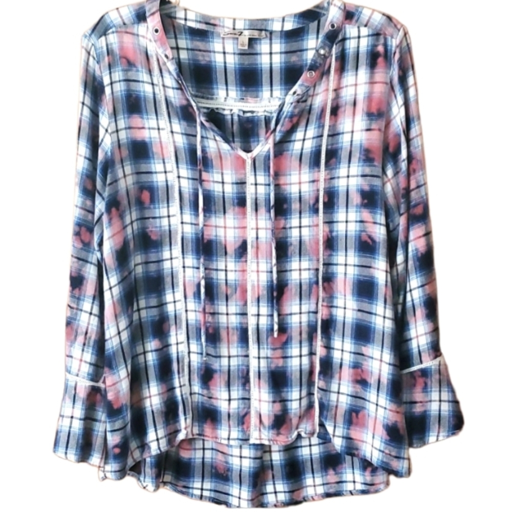 Seven 7 Womans Boho Plaid Tie Dyed Top in Blue and Pink Size Large